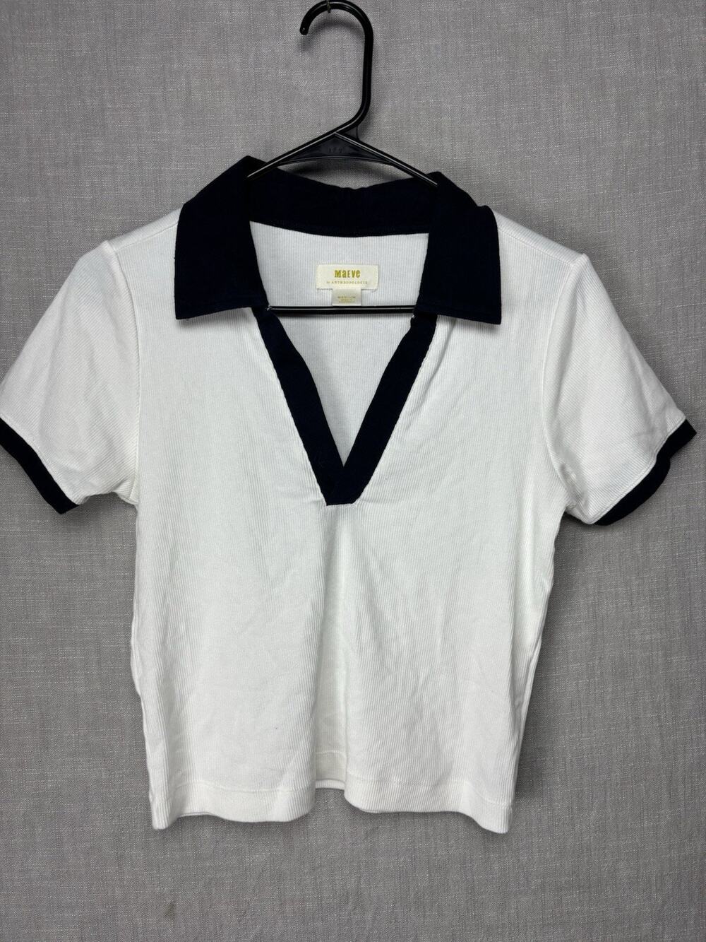 Maeve Anthropologie Polo Shirt M White Navy Ribbed V-Neck Women Top